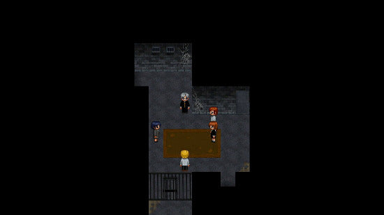 A top-down pixel art scene showing a small character with yellow hair standing in front of a brown table, surrounded by other tiny characters and a dark gray stone-like room, centered on a black background.