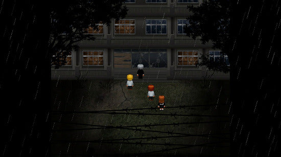 A dark, pixel-art scene showing three small characters standing in front of a building at night while rain falls. The image appears to be digital artwork rather than a standard product photo, and no clear sellable physical product is identifiable.