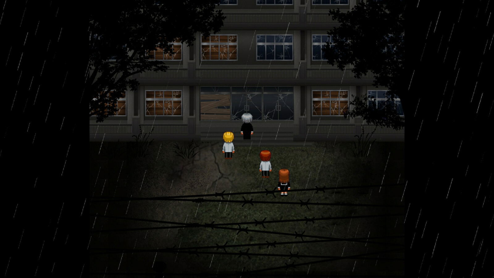 A dark, pixel-art scene showing three small characters standing in front of a building at night while rain falls. The image appears to be digital artwork rather than a standard product photo, and no clear sellable physical product is identifiable.