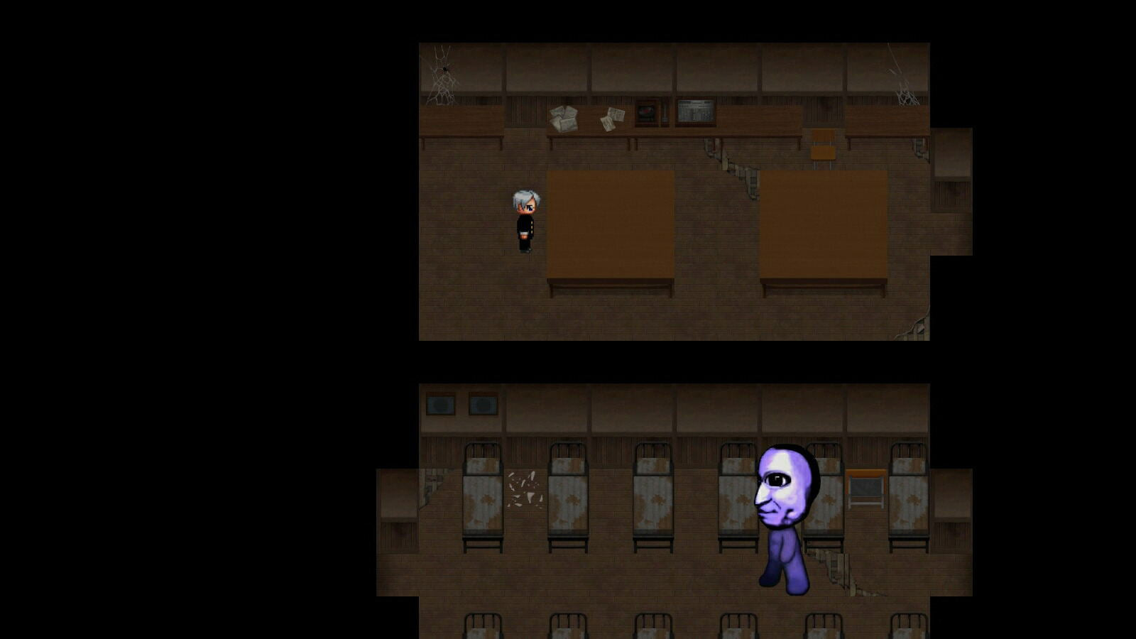 A pixel-art scene showing a dark room with multiple beds and a small character standing near the center, plus a larger purple-faced figure on the right. The image appears to be a digital illustration or game-style scene rather than a standard retail product photo.