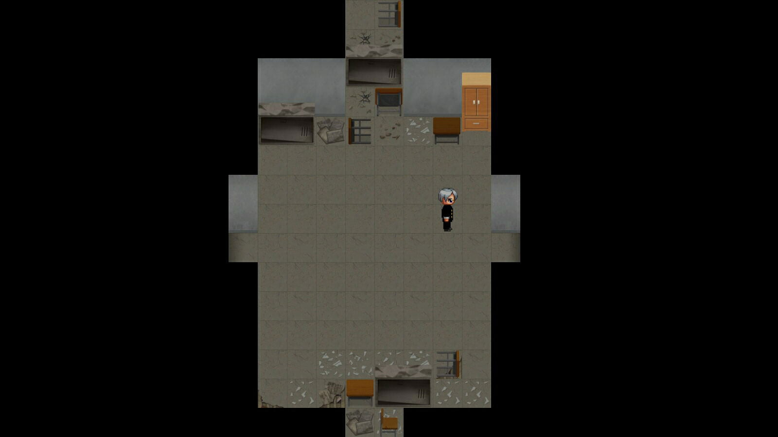 A top-down isometric view of a small character standing in a large gray tiled room with walls, windows, and furniture, centered on a black background.
