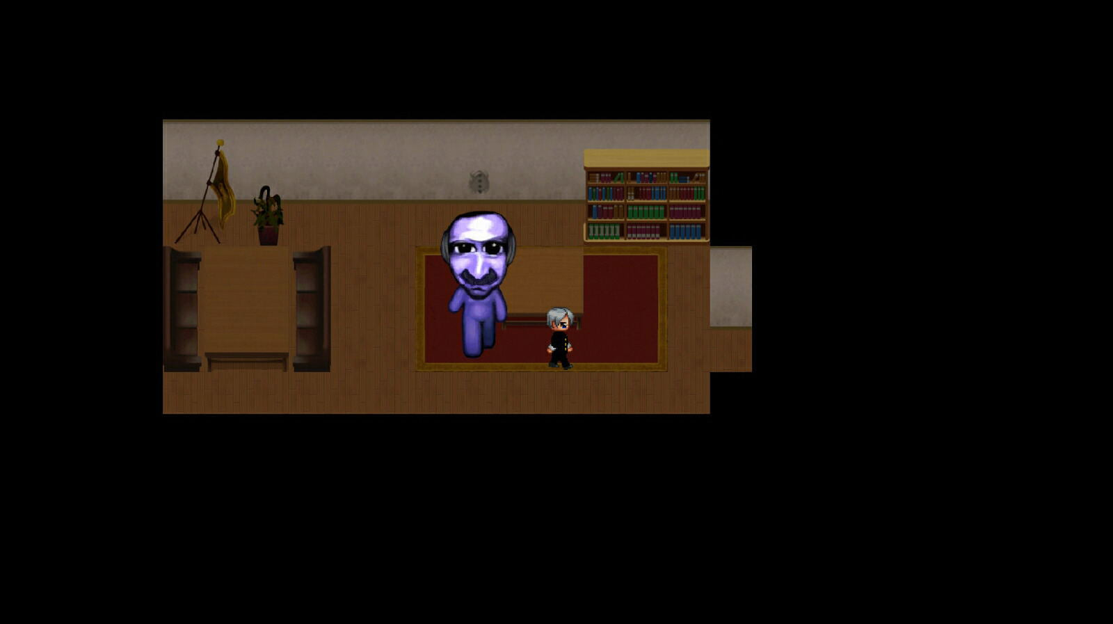 A low-resolution pixel art scene showing a purple cartoonish character with a mustache standing in a room next to a small figure, with shelves and a bookcase in the background.