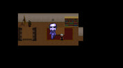 A low-resolution pixel art scene showing a purple cartoonish character with a mustache standing in a room next to a small figure, with shelves and a bookcase in the background.
