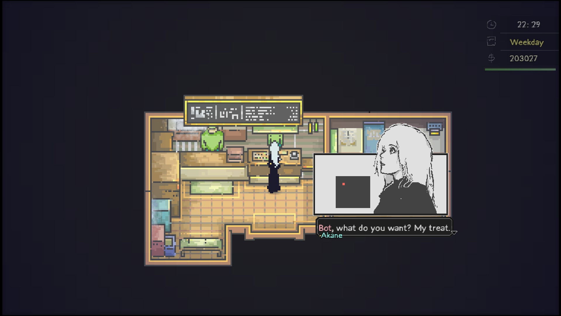 Screenshot of a video game with a character in a room and a dialogue box.