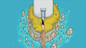 Cartoon character standing on a small island with a lighthouse, surrounded by water.