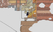 Top-down view of a snowy cabin with a person standing on a porch.