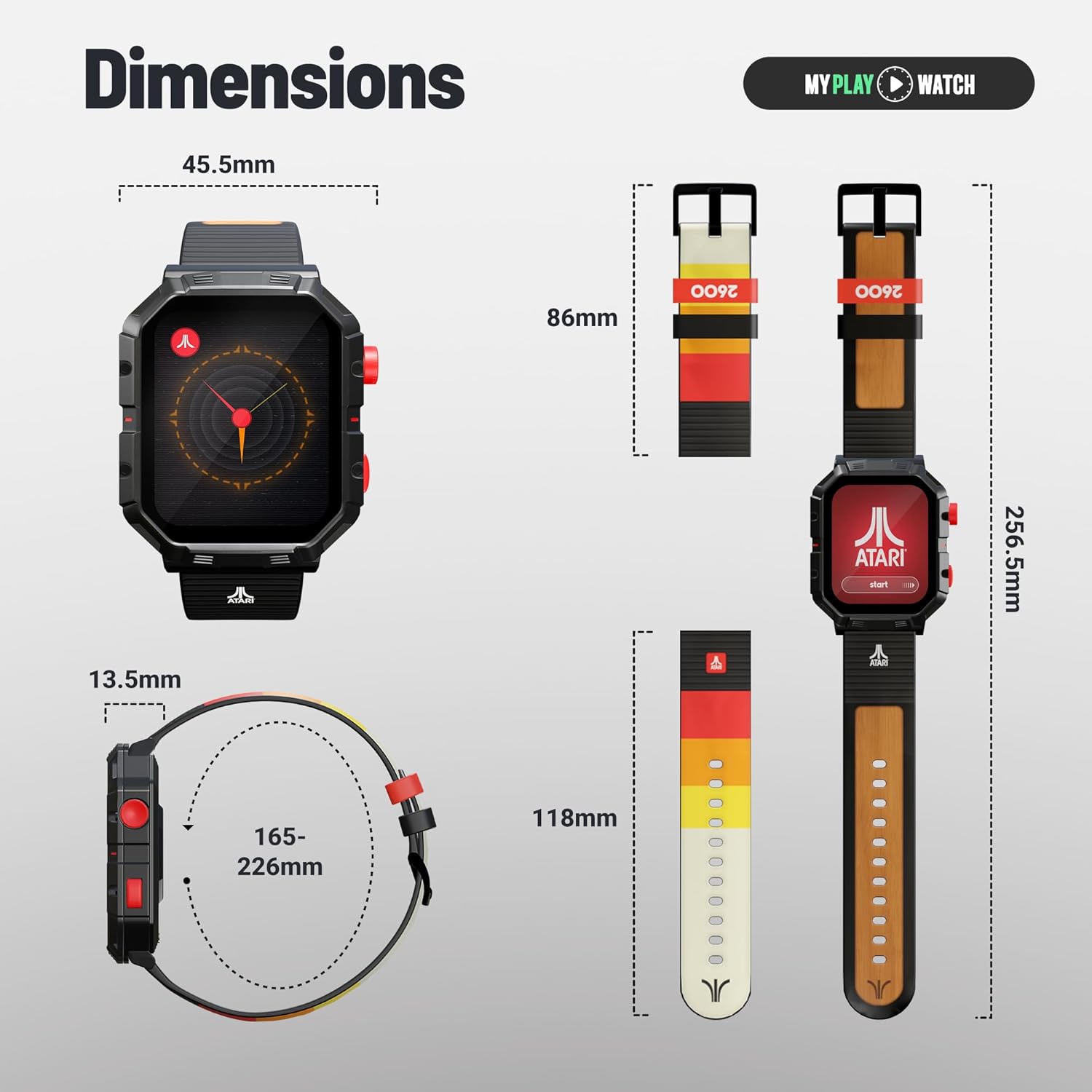 Smartwatch dimensions displayed with various measurements on a gray background
