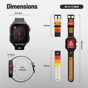 Smartwatch dimensions displayed with various measurements on a gray background