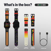 Product packaging with smartwatch and accessories on a gray background
