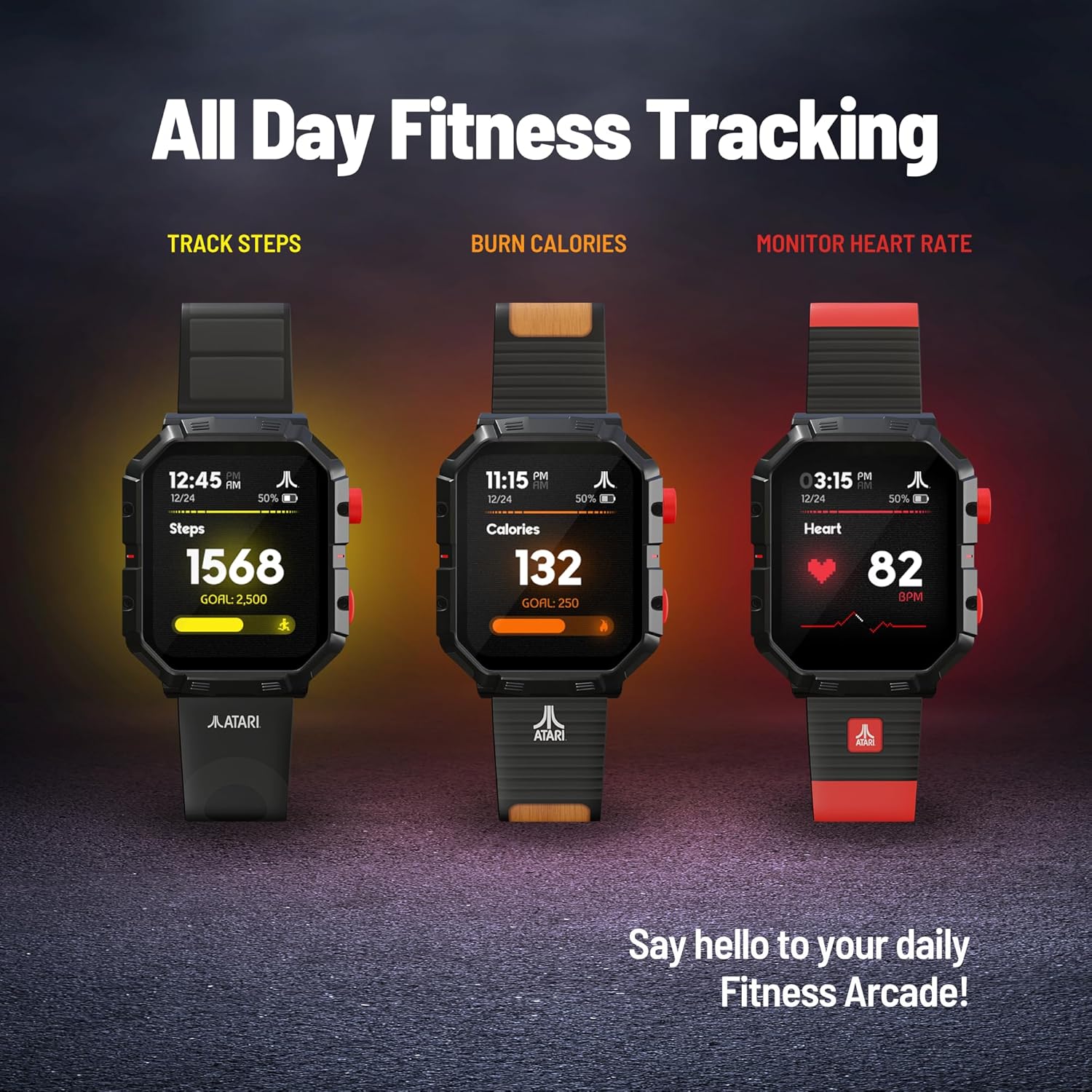 Three fitness trackers with digital displays on a dark background, highlighting features like step tracking, calorie burn, and heart rate monitoring.