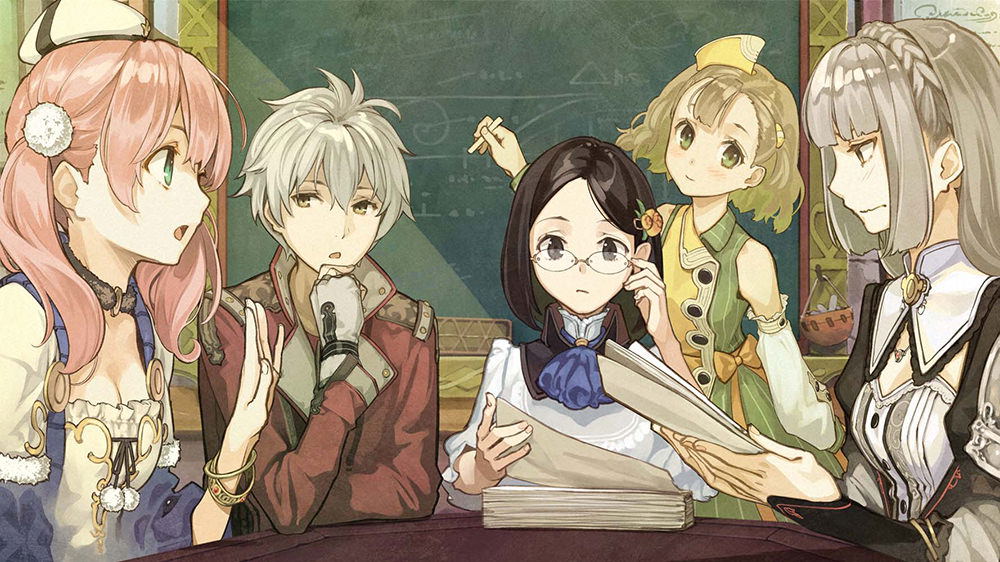 Five animated characters in a classroom setting with books and chalkboard.