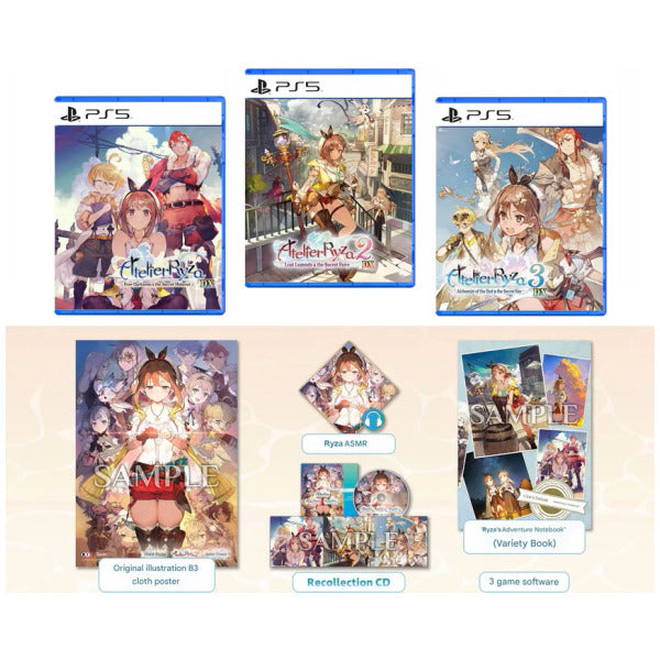 Collection of 'Atelier Ryza' game packaging for PlayStation 5 with character illustrations.