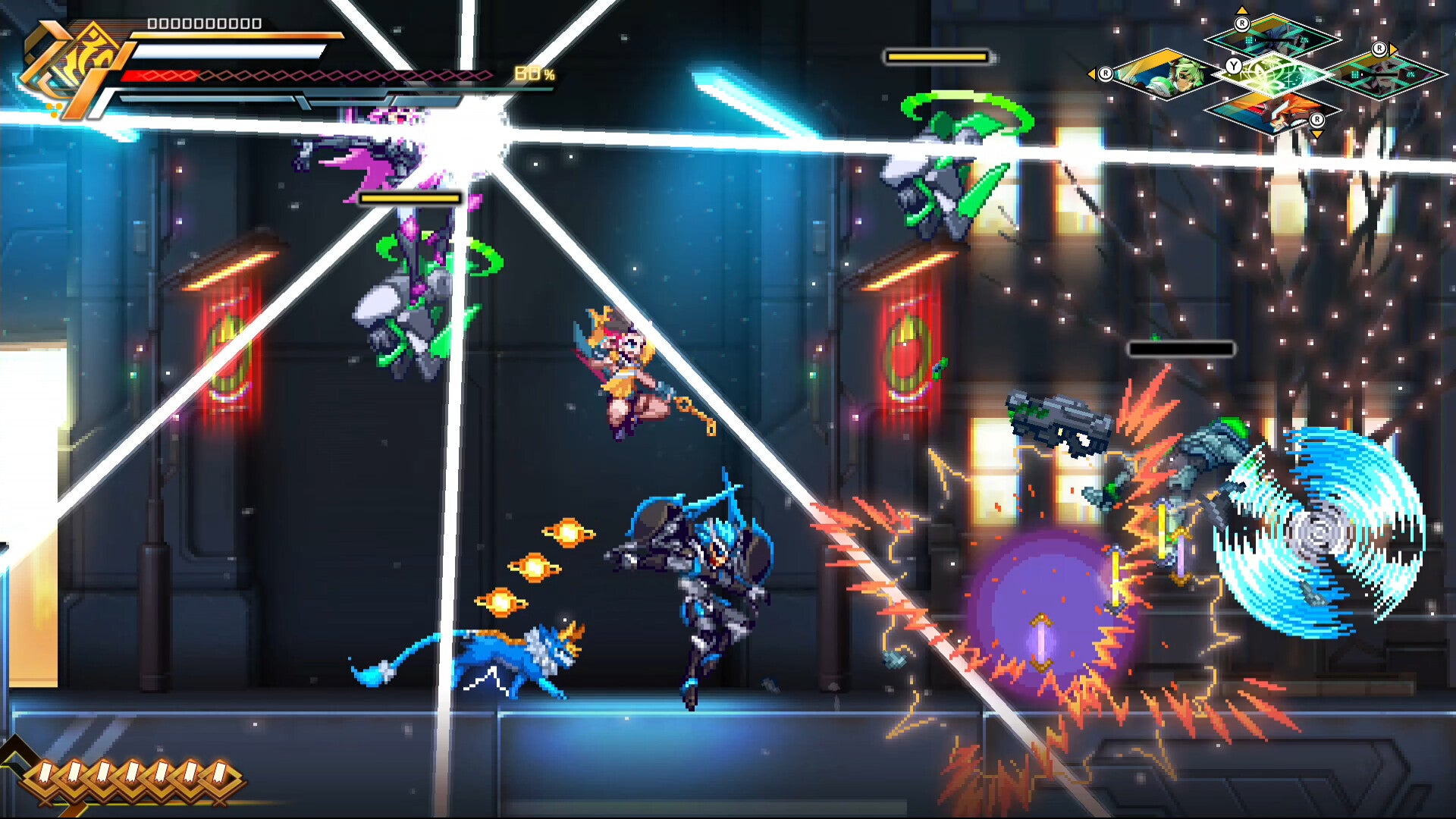 Action-packed game screen with characters and effects in a dark, futuristic setting