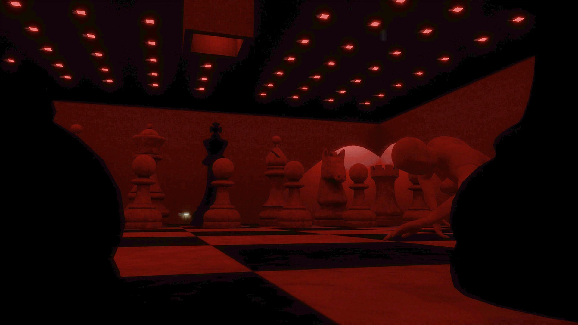 A dark, moody interior scene with oversized chess pieces arranged on a checkered floor, lit by many red ceiling lights. Silhouetted figures are visible in the foreground, and the overall color cast is strongly red.