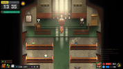 Game screen showing a courtroom-like setting with a character and benches.