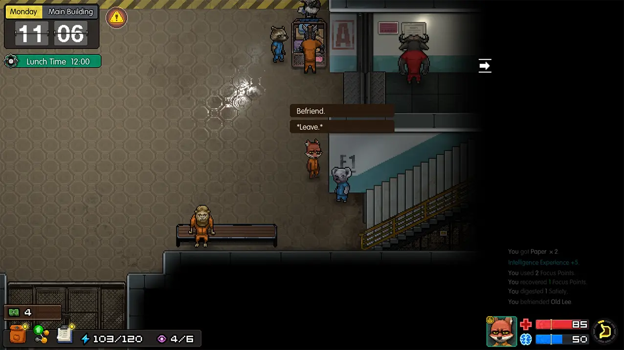 Screenshot of a video game with characters in a room and interface elements.