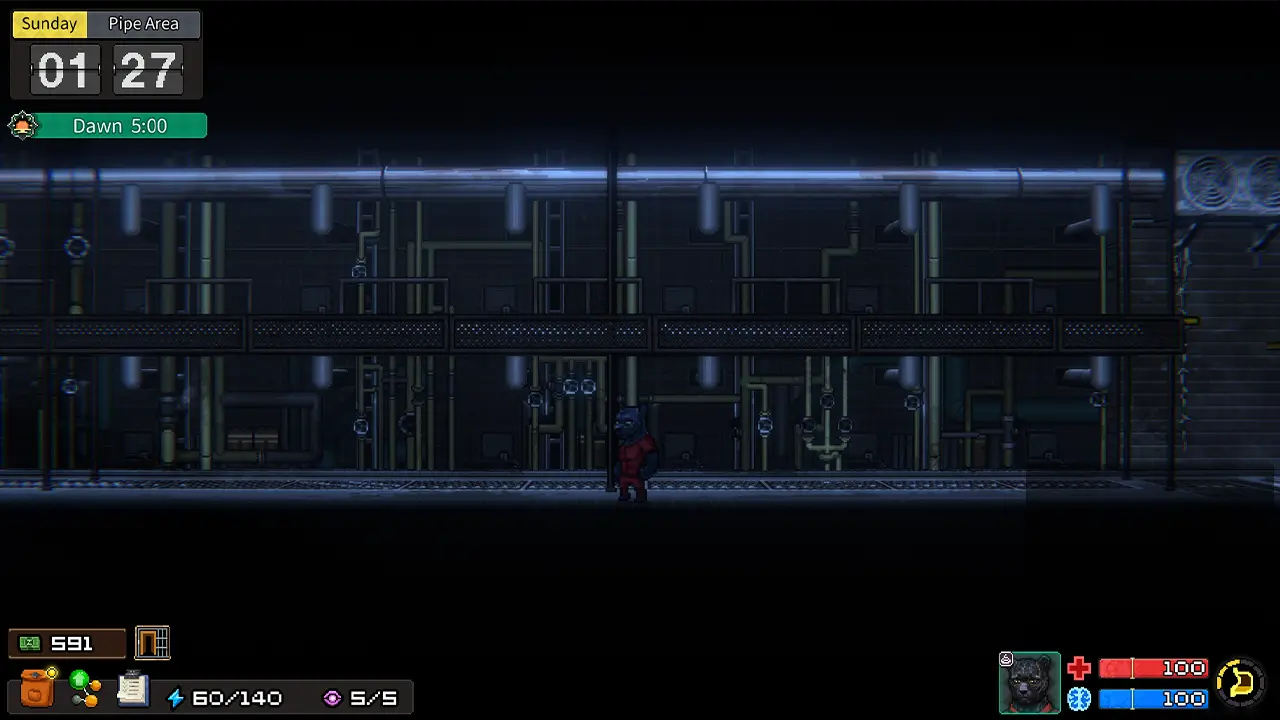 Game screen showing a character in a dark industrial environment with pipes and machinery.