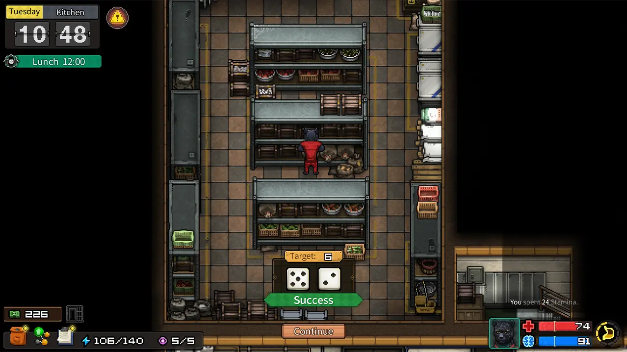Game interface showing a character in a kitchen with inventory management elements.
