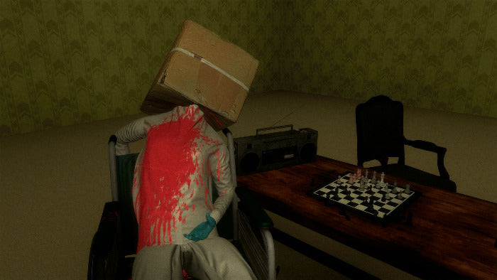 A person in a white outfit and blue gloves sits in a wheelchair with a large cardboard box on their head, covered in red splatter. They are in a dimly lit room with green patterned wallpaper, a wooden table with a chessboard, and a boombox.