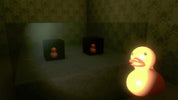 Glowing yellow rubber duck in a dimly lit room with patterned wallpaper.