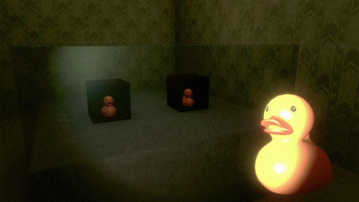 Glowing yellow rubber duck in a dimly lit room with patterned wallpaper.