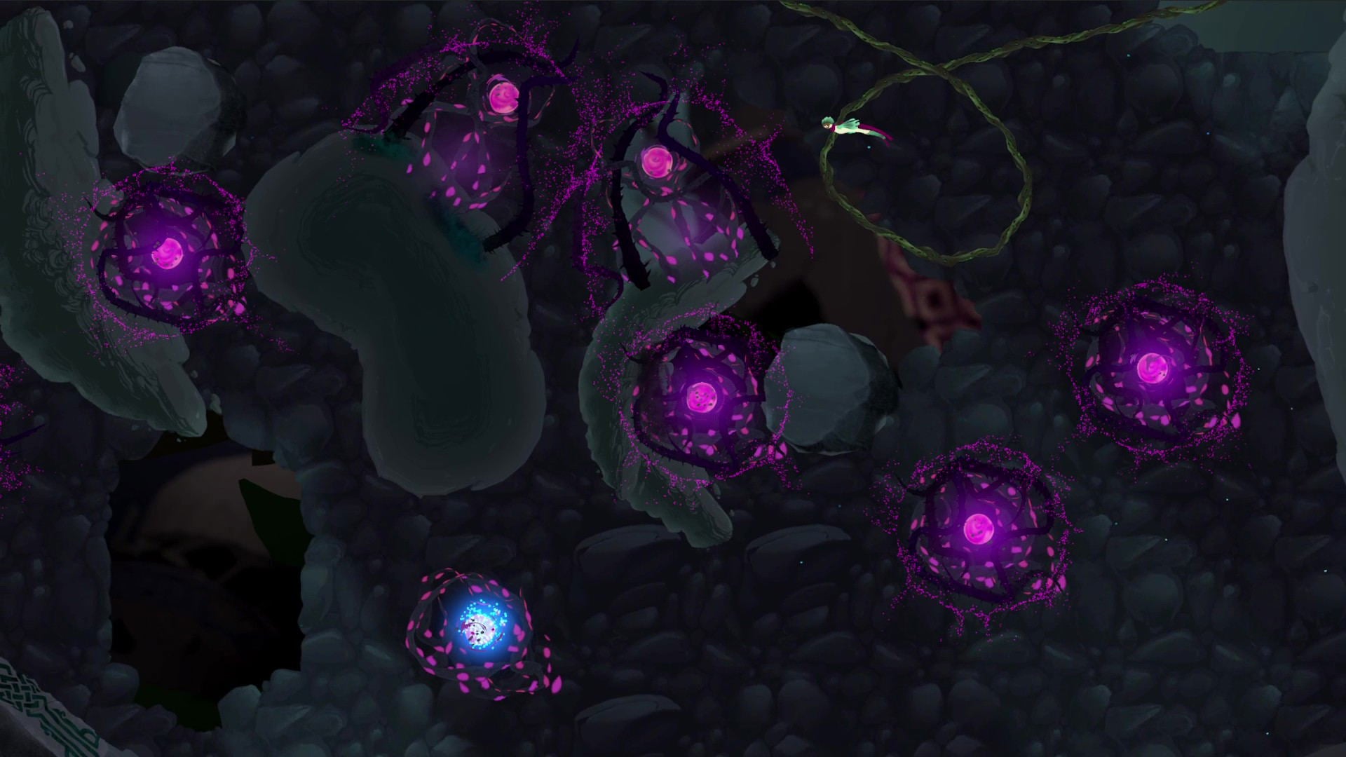 Dark, textured surface with glowing purple and blue spherical objects