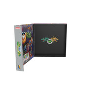 Trading card binder with colorful logo on a white background