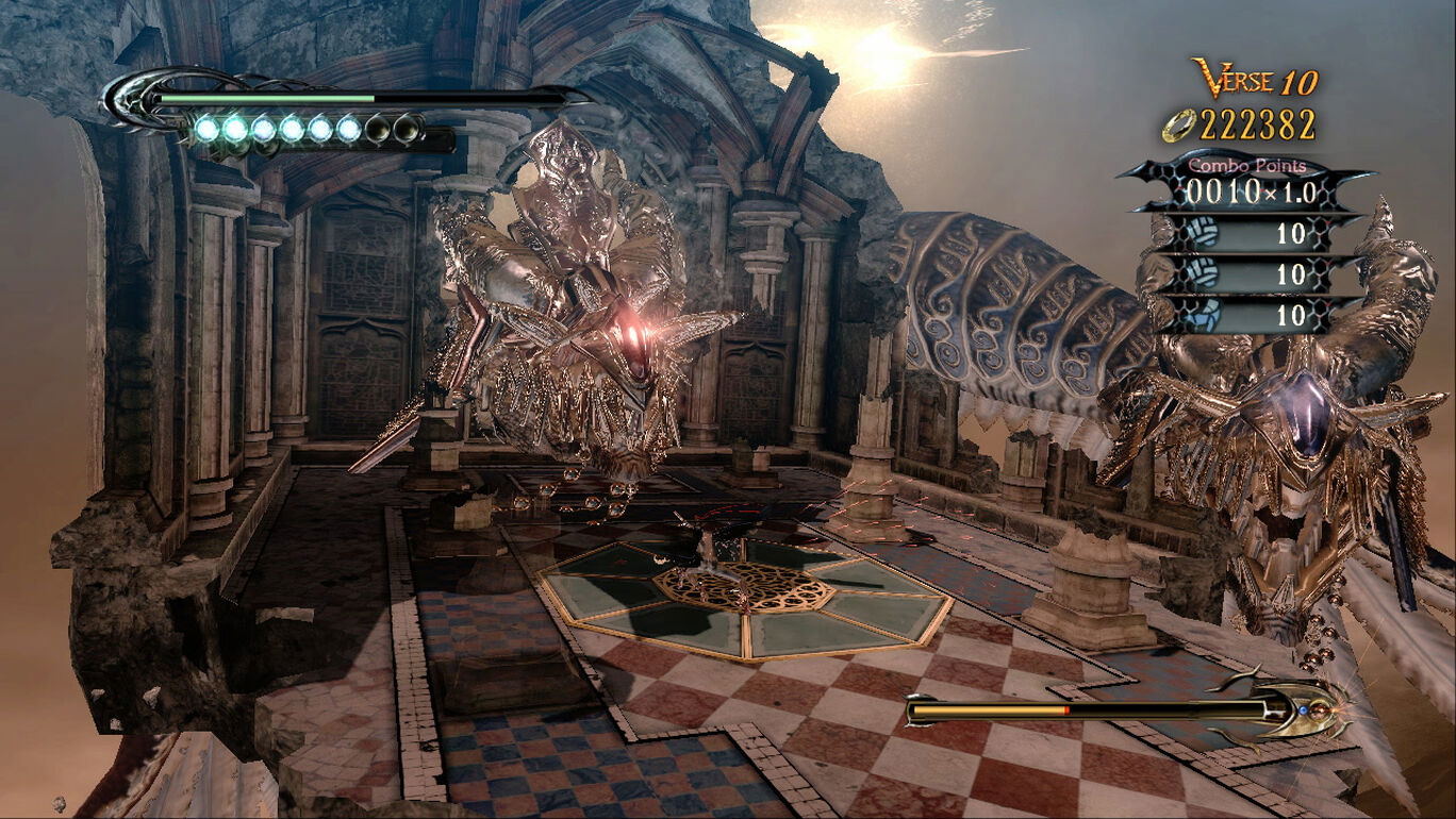 Game screen showing a fantasy room with a large crystal ball and intricate architecture.