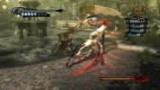 Video game scene with a character in combat against a large creature in a dark, gothic setting.