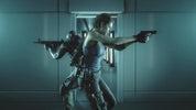 Two characters in a futuristic setting, one holding a gun and the other aiming a weapon.