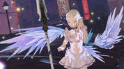 Animated character with angelic wings and a sword in a cityscape at night.