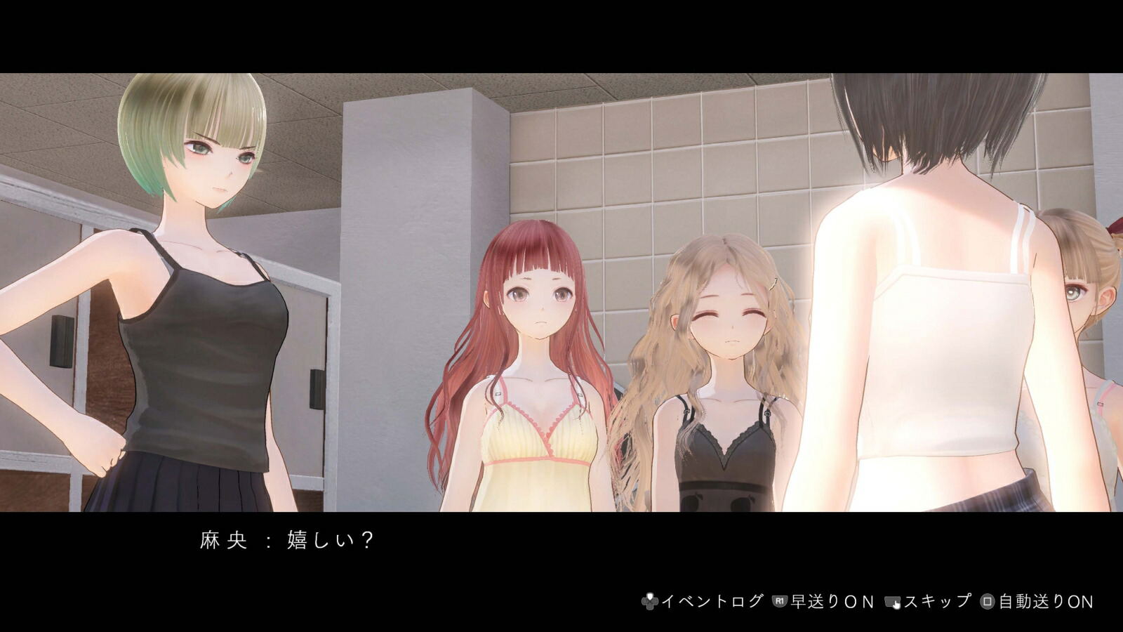 Animated characters in a room with tiled walls and a mirror.