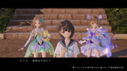 Three animated characters standing on stone steps with a scenic background