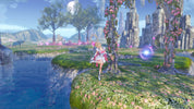 Fantasy scene with a character near a lake and ruins, featuring a bright and colorful environment.