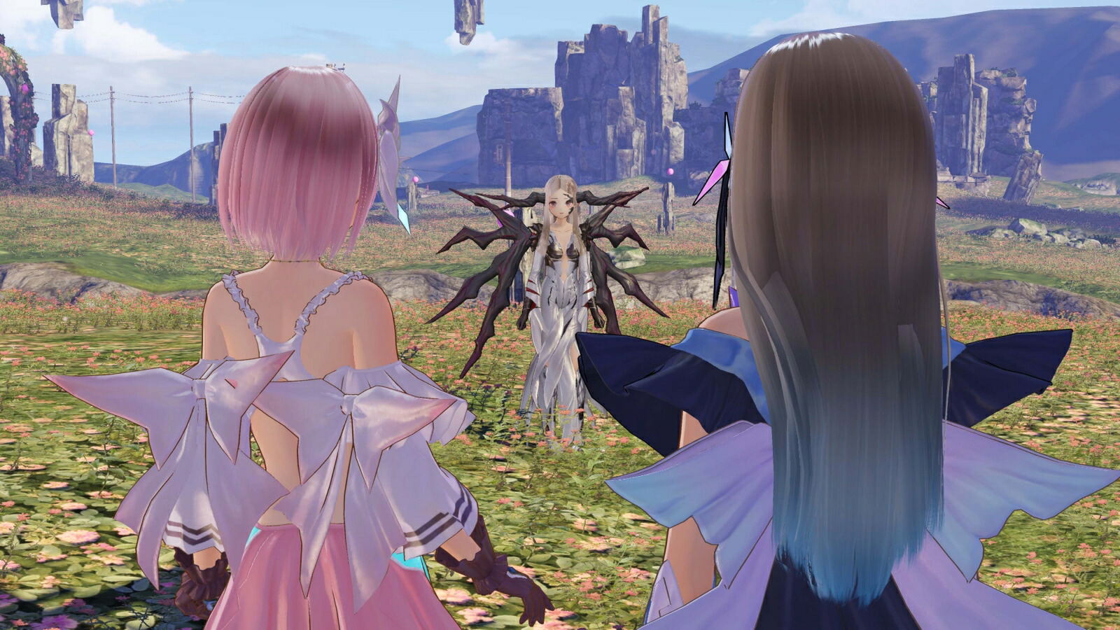 Two characters with fairy-like wings in a fantasy landscape with a castle in the background.