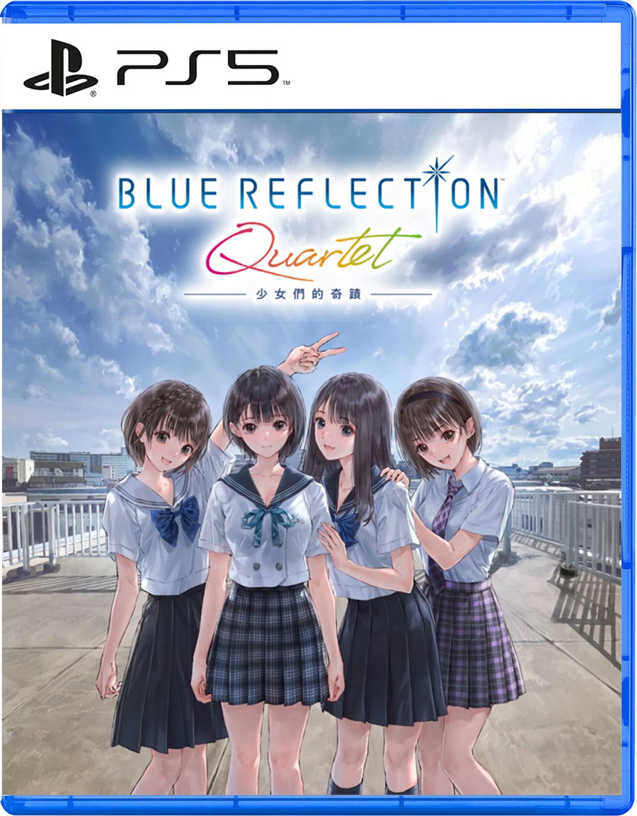 PlayStation 5 game case for 'Blue Reflection: Quartet' with four animated characters on a rooftop.
