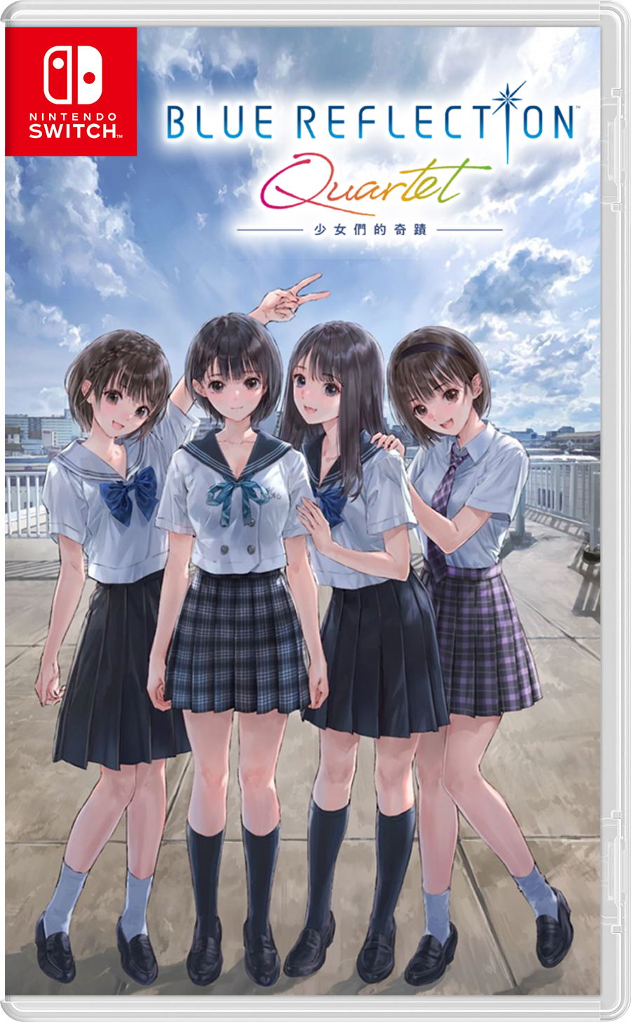 Cover of 'Blue Reflection Quartet' for Nintendo Switch with four animated characters in school uniforms.