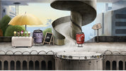 Cartoon scene with a red robot, purple robot, and other robots on a city street.