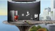 Futuristic kitchen setup with appliances and a cityscape background