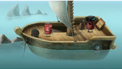 Animated scene with characters on a small boat in a blue ocean with shark fins above.