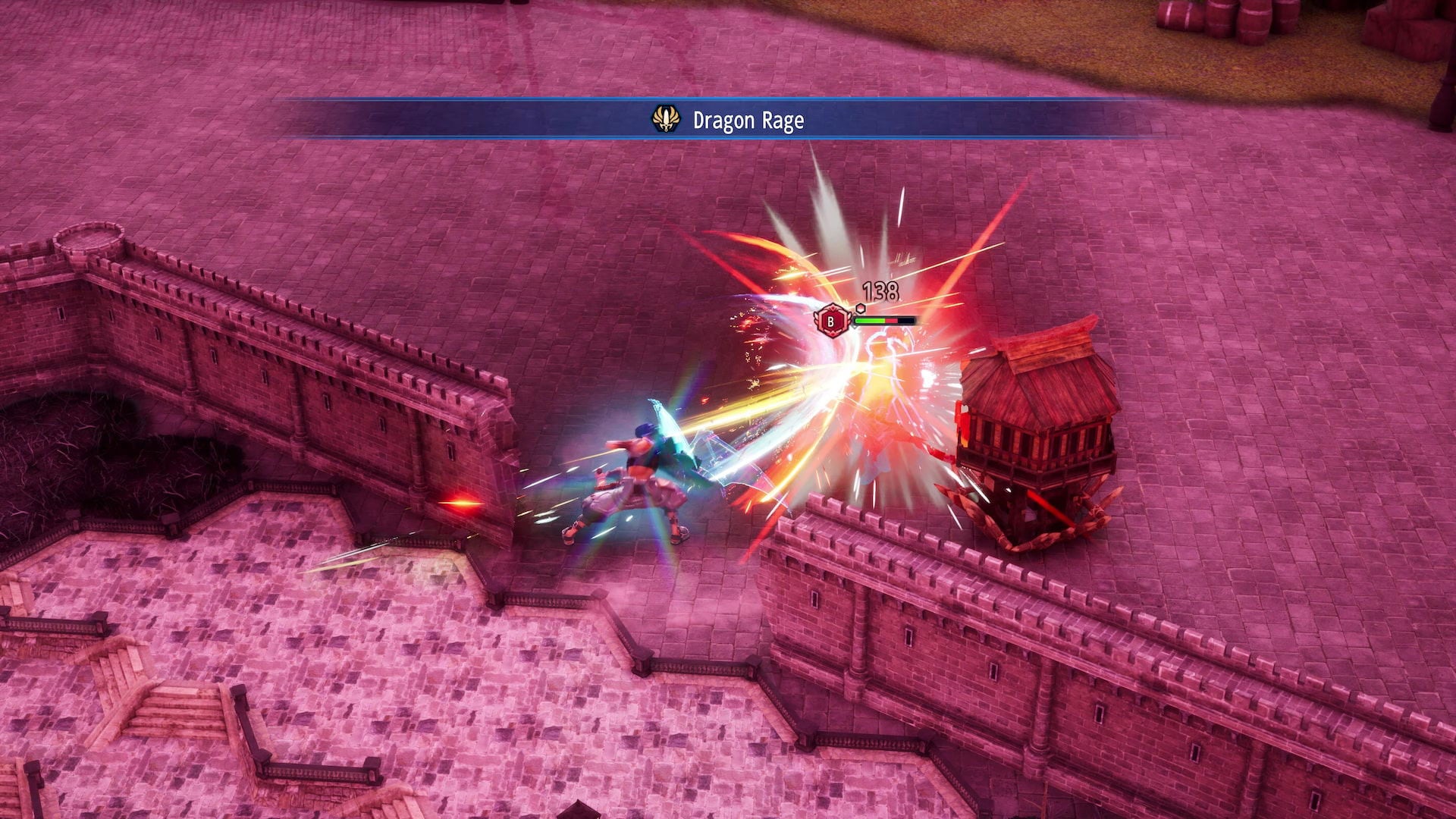 Gameplay scene with a character attacking a dragon in a fantasy setting