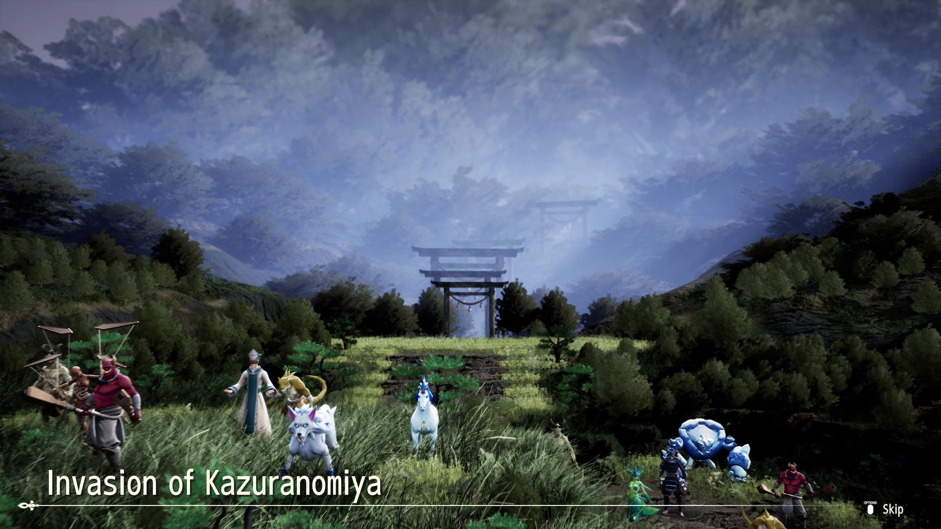 Game scene with characters and a torii gate in a forest setting