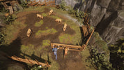 A scene from a video game with a character near a wooden cart and animals in a natural setting.
