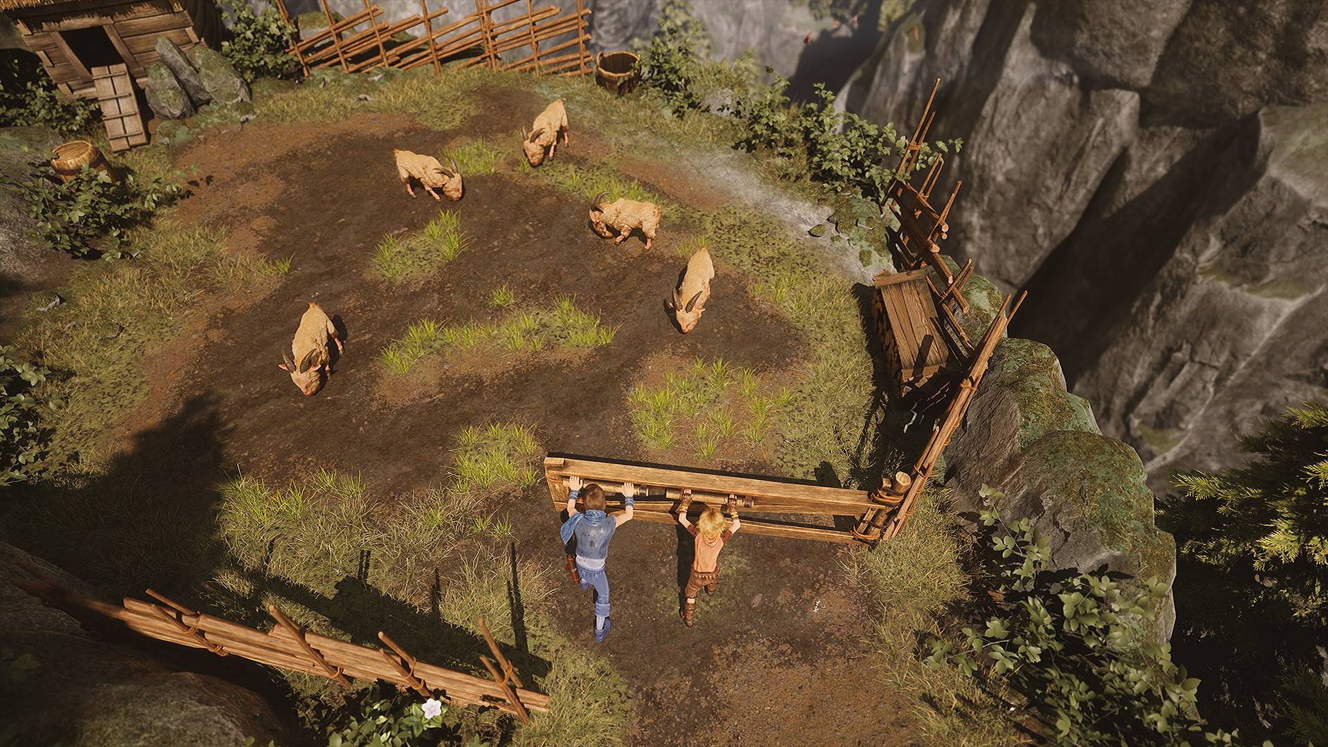 A scene from a video game with a character near a wooden cart and animals in a natural setting.