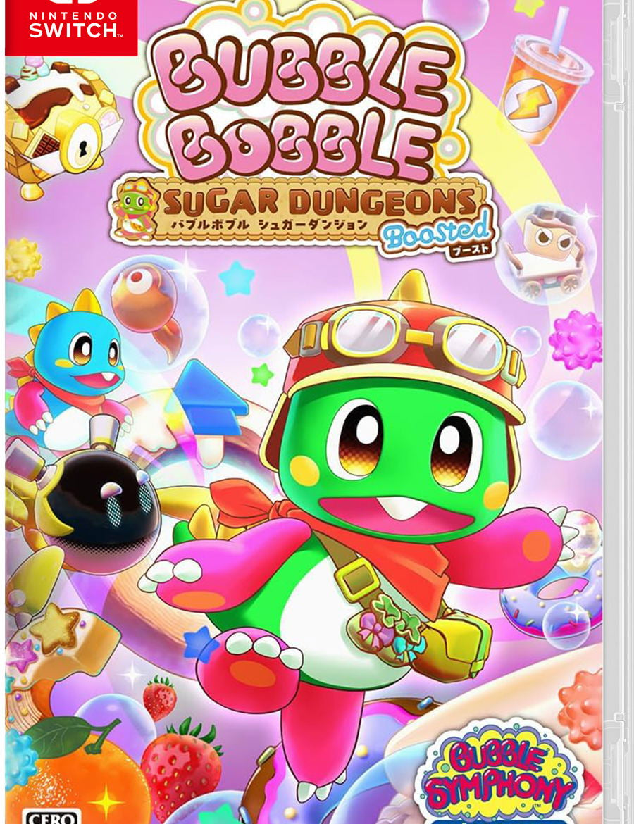 Nintendo Switch game case for Bubble Doodle Sugar Dungeons, featuring a colorful cartoon cover with a green character in a red helmet, pink and purple bubbles, and Taito branding.