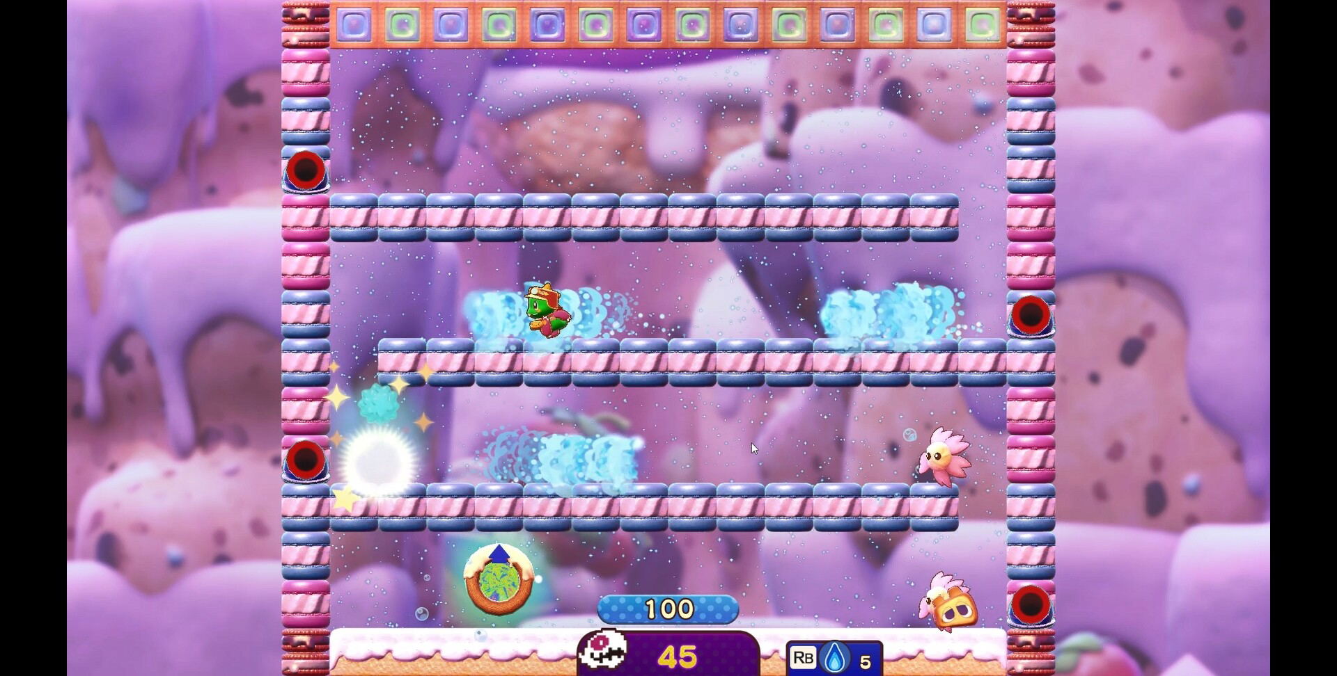 A screenshot from a colorful video game showing a character jumping on pink-and-white striped platforms in a whimsical candy-themed environment with pastel purple background elements.