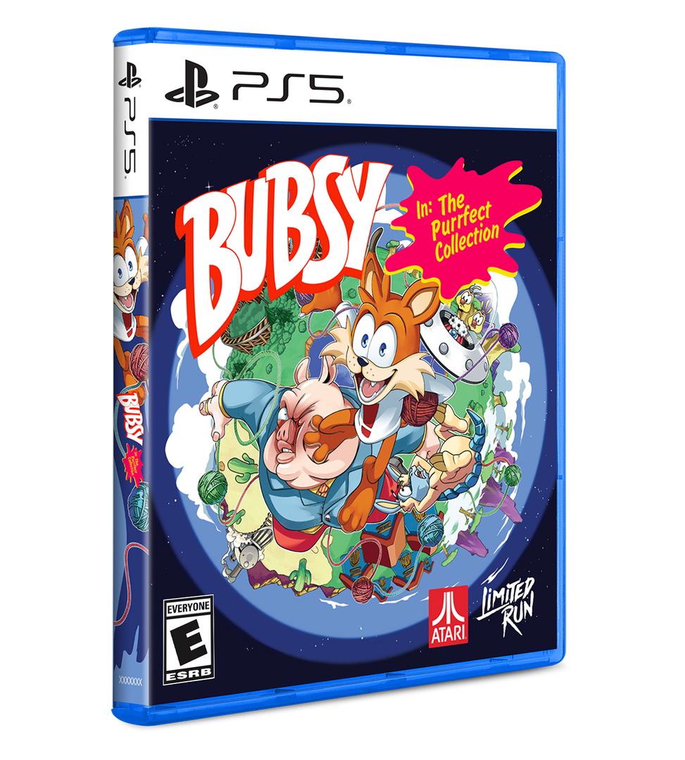 PS5 game case for Bubsy in The Purrfect Collection, featuring colorful character artwork on a dark blue cover with PlayStation and Atari logos visible.