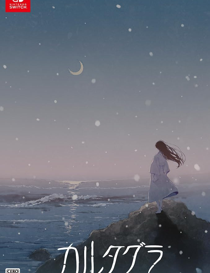 Person in a white coat standing on a rock by the sea under a starry sky with a crescent moon, featuring the Nintendo Switch logo.