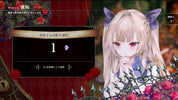 Animated character with cat ears in a decorative setting with roses and text boxes.