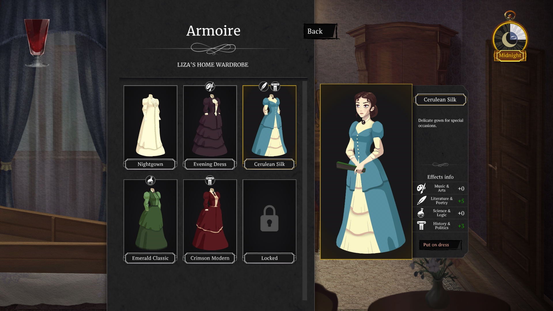Game interface showing a wardrobe selection screen with dresses and character in a room setting.